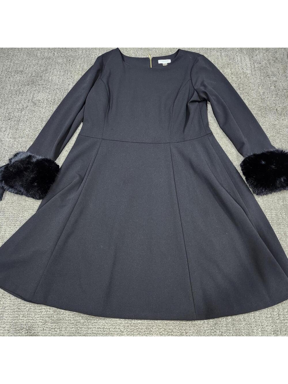 Calvin Klein Black Long Sleeve Fit and Flare Dress with Faux Fur Cuffs Size 16